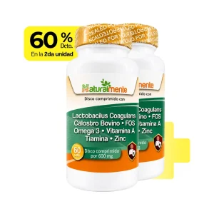 LACTOBACILLUS, CALOSTRO BOVINO, VITAMINA A, OMEGA 3 Y ZINC FCO X 60 DISCOS 2da unidad -60%